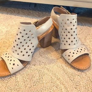 Born Leather Peep Toe Heels with Gold Buckle